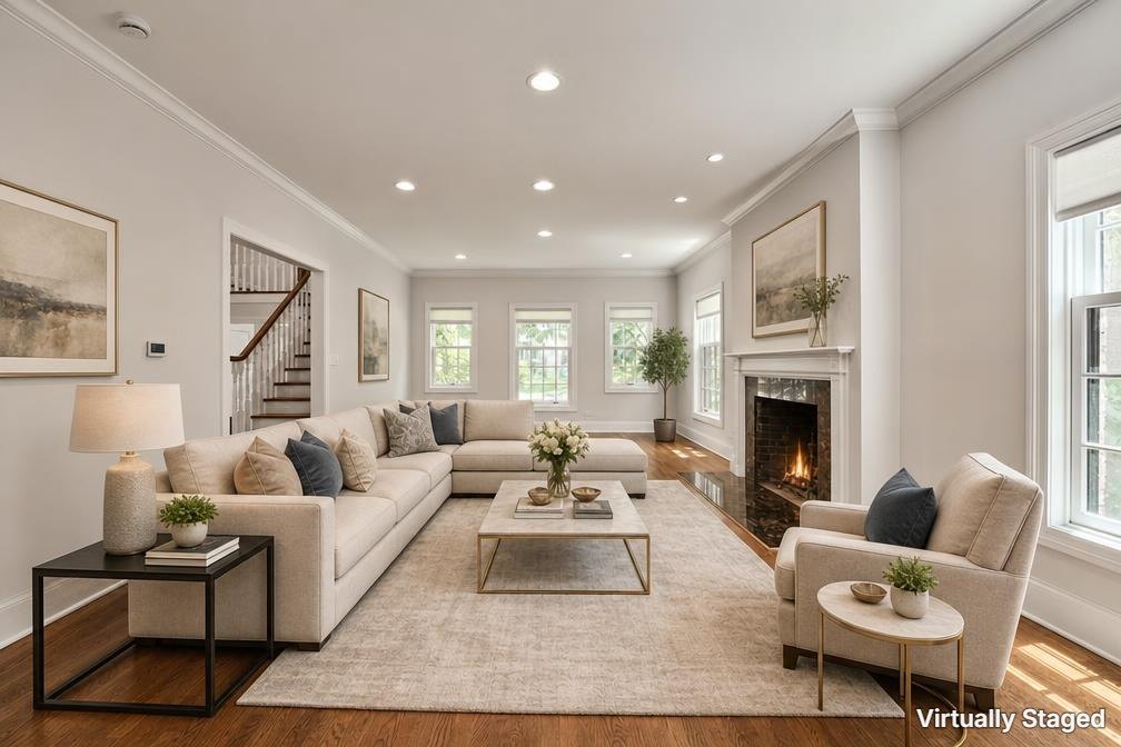 A living room, empty versus virtually staged