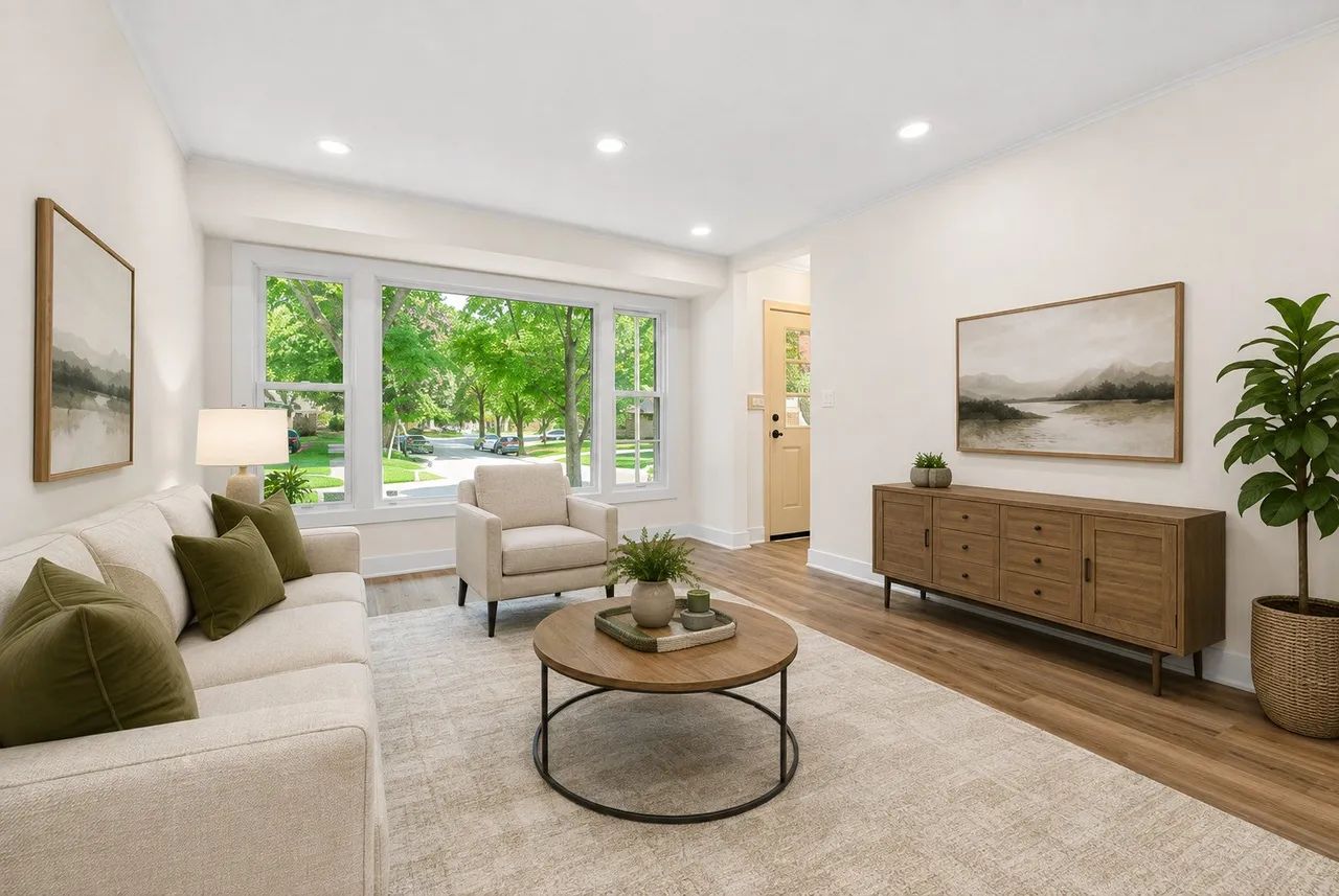 Staged living room with picture windows